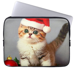 Housse Pour Ordinateur Portable Chaton de Noël Vintage à Santa Hat