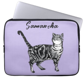 Housse Pour Ordinateur Portable Chatte tigrée noire et blanche Nom Violet 