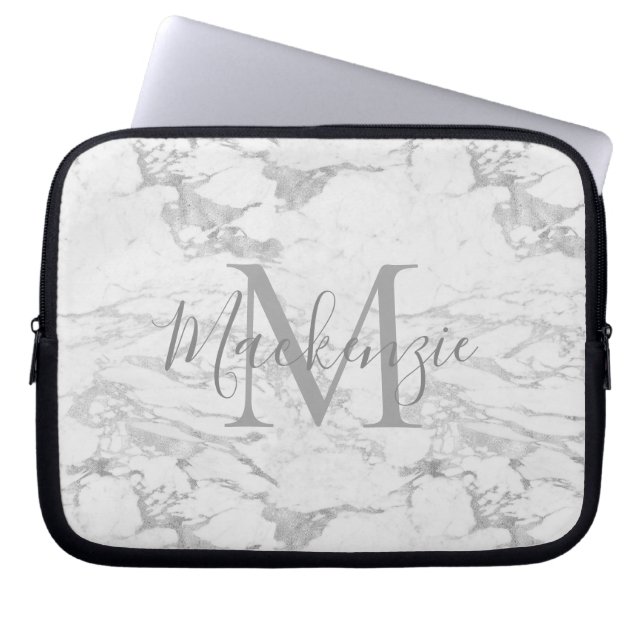 Housse Pour Ordinateur Portable Chic Argent Feuille Marbre Monogramme (Devant)