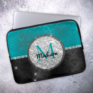 Housse Pour Ordinateur Portable Chic faux Parties scintillant argent Turquoise noi