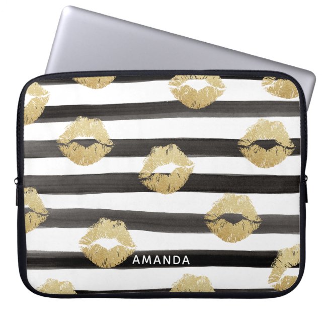 Housse Pour Ordinateur Portable Chic Parties scintillant or lèvres et bandes noire (Devant)