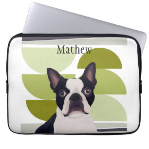Housse Pour Ordinateur Portable Chien de Boston Terrier - Vert géométrique
