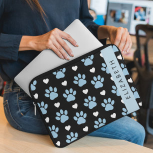 Housse Pour Ordinateur Portable Chien Paws, Blue Paws, White Hearts, Votre Nom