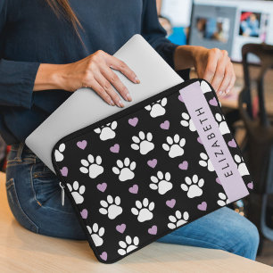 Housse Pour Ordinateur Portable Chien Paws, White Paws, Lilac Hearts, Votre Nom