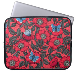 Housse Pour Ordinateur Portable Chien rose et papillons en rouge et bleu