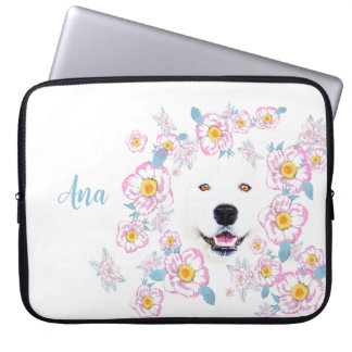 Housse Pour Ordinateur Portable Chien Samoyed et fleurs roses, nom customisé