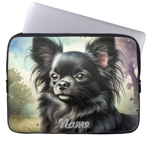 Housse Pour Ordinateur Portable Chihuahua noir à long haïre en aquarelle