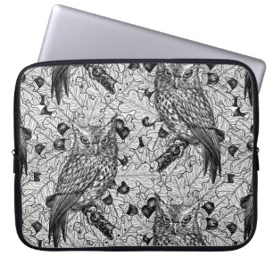 Housse Pour Ordinateur Portable Chouettes dans le chêne, noir et blanc