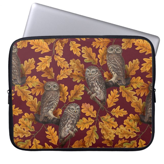 Housse Pour Ordinateur Portable Chouettes d'automne sur rouge foncé (Devant)