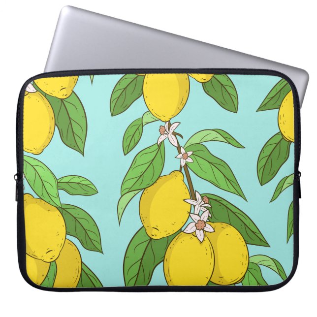 Housse Pour Ordinateur Portable Citrons, Arrière - plan Bleu Vibrant sans couture. (Devant)
