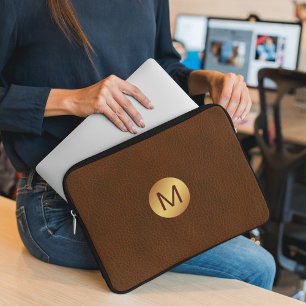 Housse Pour Ordinateur Portable Classé Faux Cuir Brown & Or Nom initial
