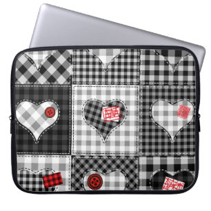 Housse Pour Ordinateur Portable Coeurs Noir Blanc Patchwork Sans Couleur.