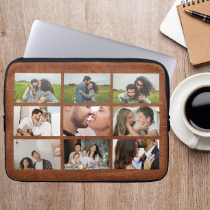 Housse Pour Ordinateur Portable Collage de 9 photos personnalisé en cuir marron mo