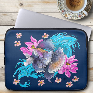 Housse Pour Ordinateur Portable Combattant siamois Betta Vagues de Lotus Bleu