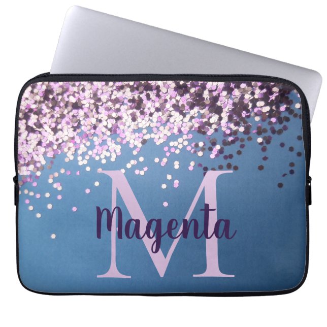 Housse Pour Ordinateur Portable Confetti de lavande de monogramme sur bleu (Devant)