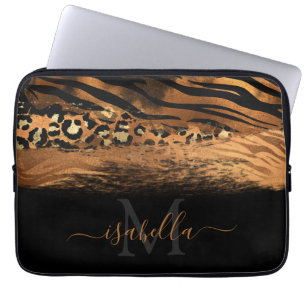 Housse Pour Ordinateur Portable Copper de script élégant en or noir monogramme