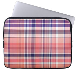 Housse Pour Ordinateur Portable Corail clair, Bleu marine, Madras Preppy Blanc Pla