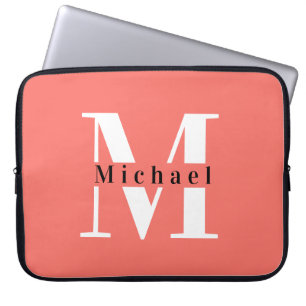 Housse Pour Ordinateur Portable Corail minimal moderne initial + Nom Monogramme