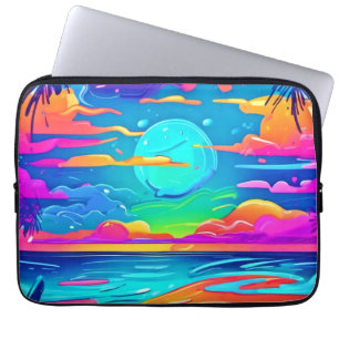 Housse Pour Ordinateur Portable Coucher de soleil sur le néon au-dessus des vagues