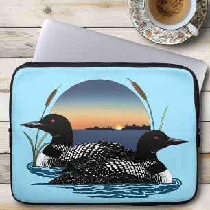 Housse Pour Ordinateur Portable Couple de huards Coucher de soleil Bleu Lac Faune