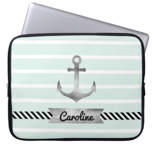 Housse Pour Ordinateur Portable Coutume nautique d'Ancre de rayures vertes en bon