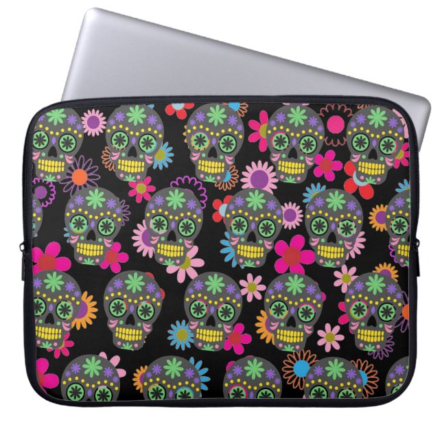 Housse Pour Ordinateur Portable Crazy Sugar crâne et fleurs Motif noir (Devant)