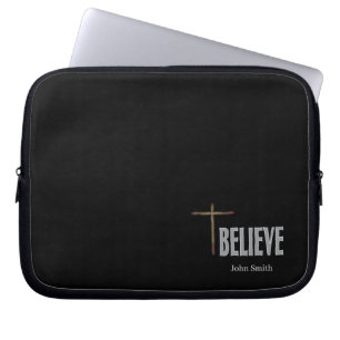 Housse Pour Ordinateur Portable Croix chrétienne Believe Nom personnalisé Noir