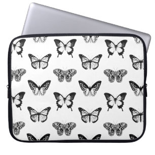 Housse Pour Ordinateur Portable Croquis papillon, blanc et noir