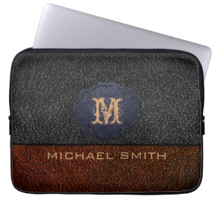 Housse Pour Ordinateur Portable Cuir Brown et noir. Monogramme personnalisé