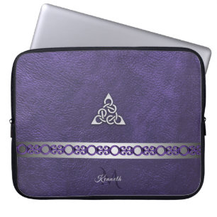 Housse Pour Ordinateur Portable Cuir pourpre avec le monogramme celtique argenté