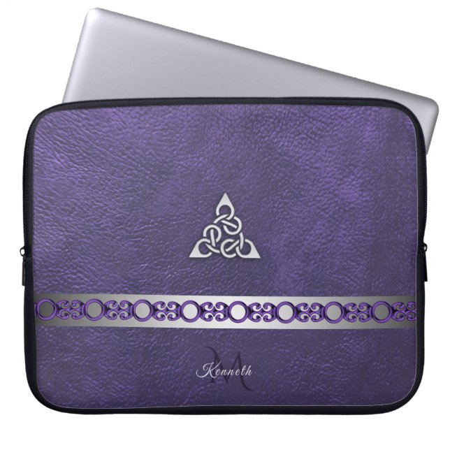Housse Pour Ordinateur Portable Cuir pourpre avec le monogramme celtique argenté (Devant)