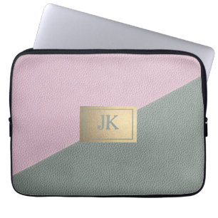 Housse Pour Ordinateur Portable Cuir Vert Rose Élégant Monogramme