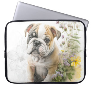 HOUSSE POUR ORDINATEUR PORTABLE CUTE BULLDOG POPPER CHIEN ET FLEUR SAUVAGE