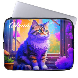 Housse Pour Ordinateur Portable Cute chat assis dans la fenêtre Ai Art