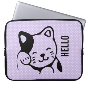 Housse Pour Ordinateur Portable Cute noir et blanc Kitty Chat Waving Bonjour