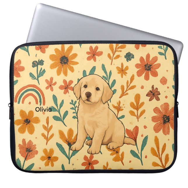 Housse Pour Ordinateur Portable Cute Puppy & Boho Flowers (Devant)