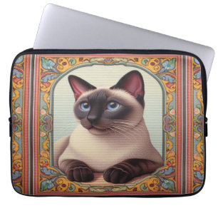 Housse Pour Ordinateur Portable Cute réaliste Chat Siamese Colorée Frontière Flora