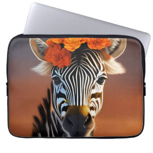 Housse Pour Ordinateur Portable Cute Zebra portant des fleurs orange
