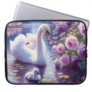 Housse Pour Ordinateur Portable Cygnet blanc avec Roses violets