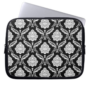 Housse Pour Ordinateur Portable Damas Rococo Grand Motif Blanc sur Noir