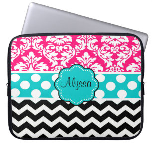 Housse Pour Ordinateur Portable Damassé noire rose Chevron de point personnalisé