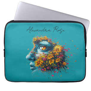 Housse Pour Ordinateur Portable Déesse de la Nature Portrait Floral Bleu Nom
