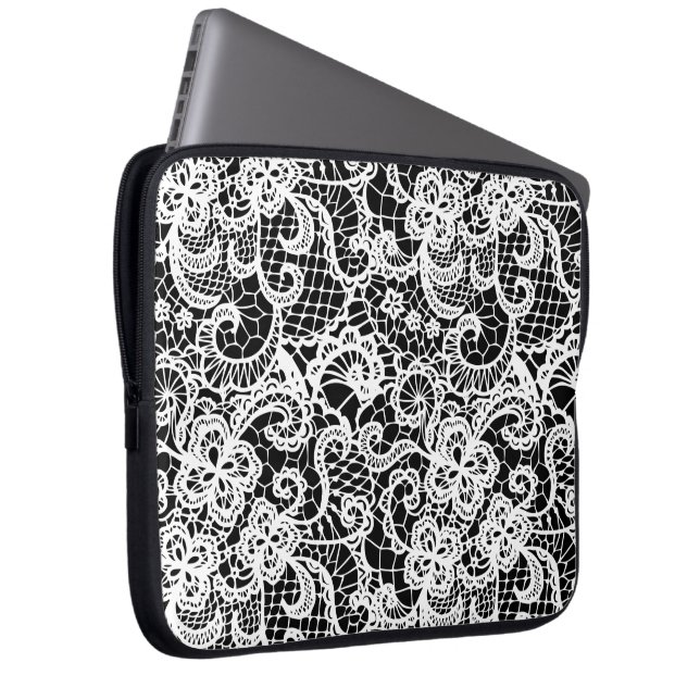 Housse Pour Ordinateur Portable Dentelle blanche en noir  (Devant droit)