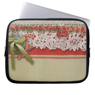 Housse Pour Ordinateur Portable Dentelle de rose ancienne Toile de jute rouge rust