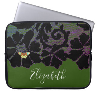 HOUSSE POUR ORDINATEUR PORTABLE DENTELLE NOIRE AVEC PAPILLON DANS MANCHON EN NEOPR