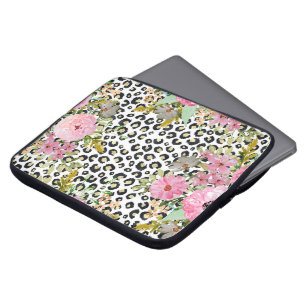Housse Pour Ordinateur Portable Design empreinte de léopard et floral élégant