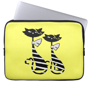 Housse Pour Ordinateur Portable Deux chats en silhouette noir et blanc à rayures