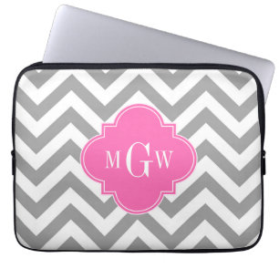 Housse Pour Ordinateur Portable Dk Gray Lg Chevron Hot Pink Quatrefoil 3 monogram