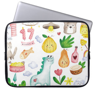 Housse Pour Ordinateur Portable Doodles d'aquarelle Kawaii, autocollant prêt.