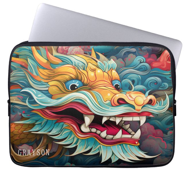 Housse Pour Ordinateur Portable Dragon coloré Nom personnalisé moderne (Devant)